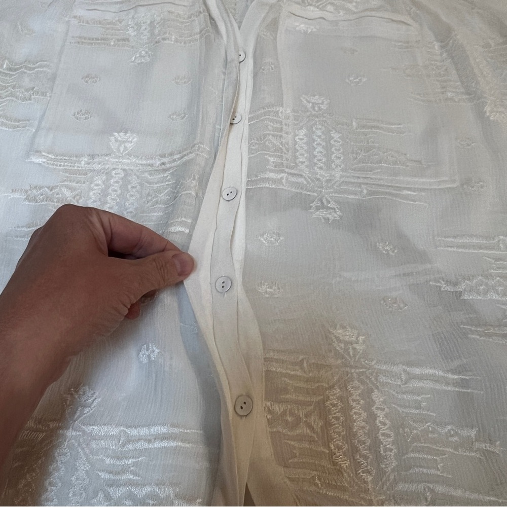 REBECCA TAYLOR 100% Silk Ivory blouse Button Front Sz 2 Sheer Bohemian Boho - Picture 6 of 10